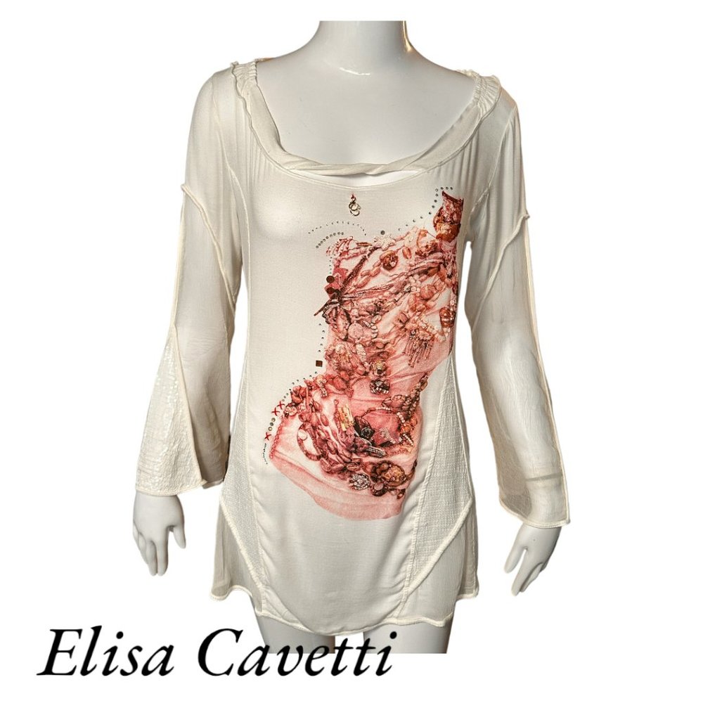 ELISA CAVALETTI EMBELLISHED PRINT DROP SLEEVE TOP (SZ XS / SM)